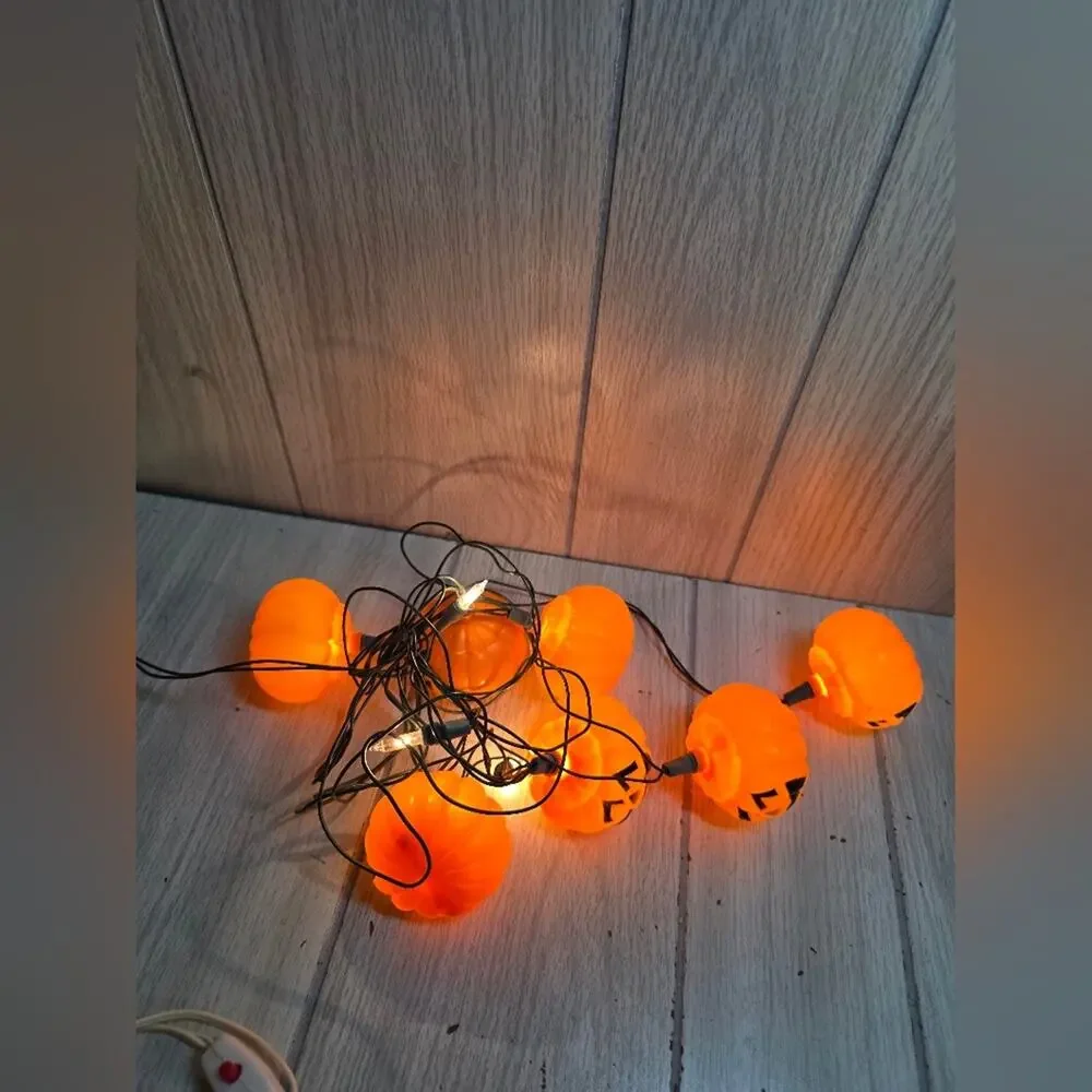 Vtg Jack-O-Lantern Blow Mold String Lights Halloween Pumpkins Set Of Two
